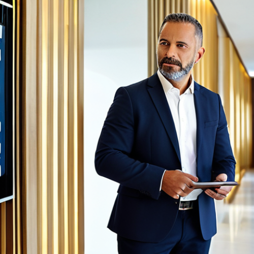Home 22 A focused male hotel manager, adult, in his early 40s, wearing a crisp, modest business suit, fully clothed, professional dress. He stands confidently in a sleek, modern hotel lobby, subtly interacting with a large digital touch-screen displaying guest information and booking analytics. The background features minimalist, contemporary architecture and soft, inviting lighting. The image captures a sense of efficiency and digital innovation. Perfect anatomy, correct proportions, natural pose, well-formed hands, proper finger count, natural body proportions. High-resolution, professional photography, appropriate content, safe for work, family-friendly.