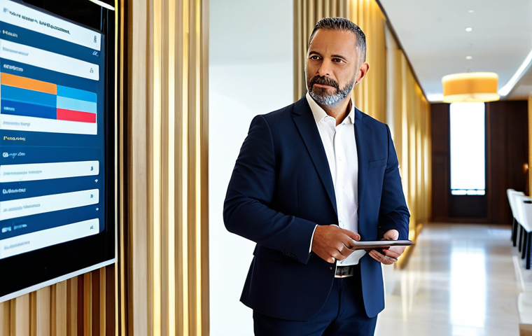 A focused male hotel manager, adult, in his early 40s, wearing a crisp, modest business suit, fully clothed, professional dress. He stands confidently in a sleek, modern hotel lobby, subtly interacting with a large digital touch-screen displaying guest information and booking analytics. The background features minimalist, contemporary architecture and soft, inviting lighting. The image captures a sense of efficiency and digital innovation. Perfect anatomy, correct proportions, natural pose, well-formed hands, proper finger count, natural body proportions. High-resolution, professional photography, appropriate content, safe for work, family-friendly.