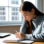 A professional-looking student, fully clothed in a modest, comfortable sweater and trousers, is seated at a clean, modern study desk. They are calmly reviewing notes from a textbook, with a neatly organized stack of books, a closed laptop, a water bottle, and an apple nearby. The room is well-lit with soft, natural light coming through a window. The atmosphere is one of quiet concentration and diligent preparation. Safe for work, appropriate content, fully clothed, professional dress, perfect anatomy, correct proportions, natural pose, well-formed hands, proper finger count, natural body proportions, high quality, professional photography.