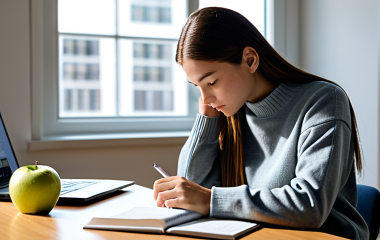 A professional-looking student, fully clothed in a modest, comfortable sweater and trousers, is seated at a clean, modern study desk. They are calmly reviewing notes from a textbook, with a neatly organized stack of books, a closed laptop, a water bottle, and an apple nearby. The room is well-lit with soft, natural light coming through a window. The atmosphere is one of quiet concentration and diligent preparation. Safe for work, appropriate content, fully clothed, professional dress, perfect anatomy, correct proportions, natural pose, well-formed hands, proper finger count, natural body proportions, high quality, professional photography.