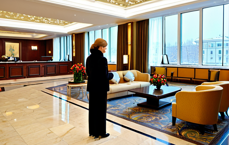 Hotel Lobby - Warm and Inviting**
"A brightly lit, luxurious hotel lobby in Moscow, Russia. Modern design with comfortable seating areas, fresh flowers, and a friendly concierge at the front desk. Guests are arriving, dressed in stylish but modest winter clothing. Large windows show a snowy cityscape outside. Safe for work, appropriate content, fully clothed, professional, perfect anatomy, correct proportions, natural pose, high quality."
**