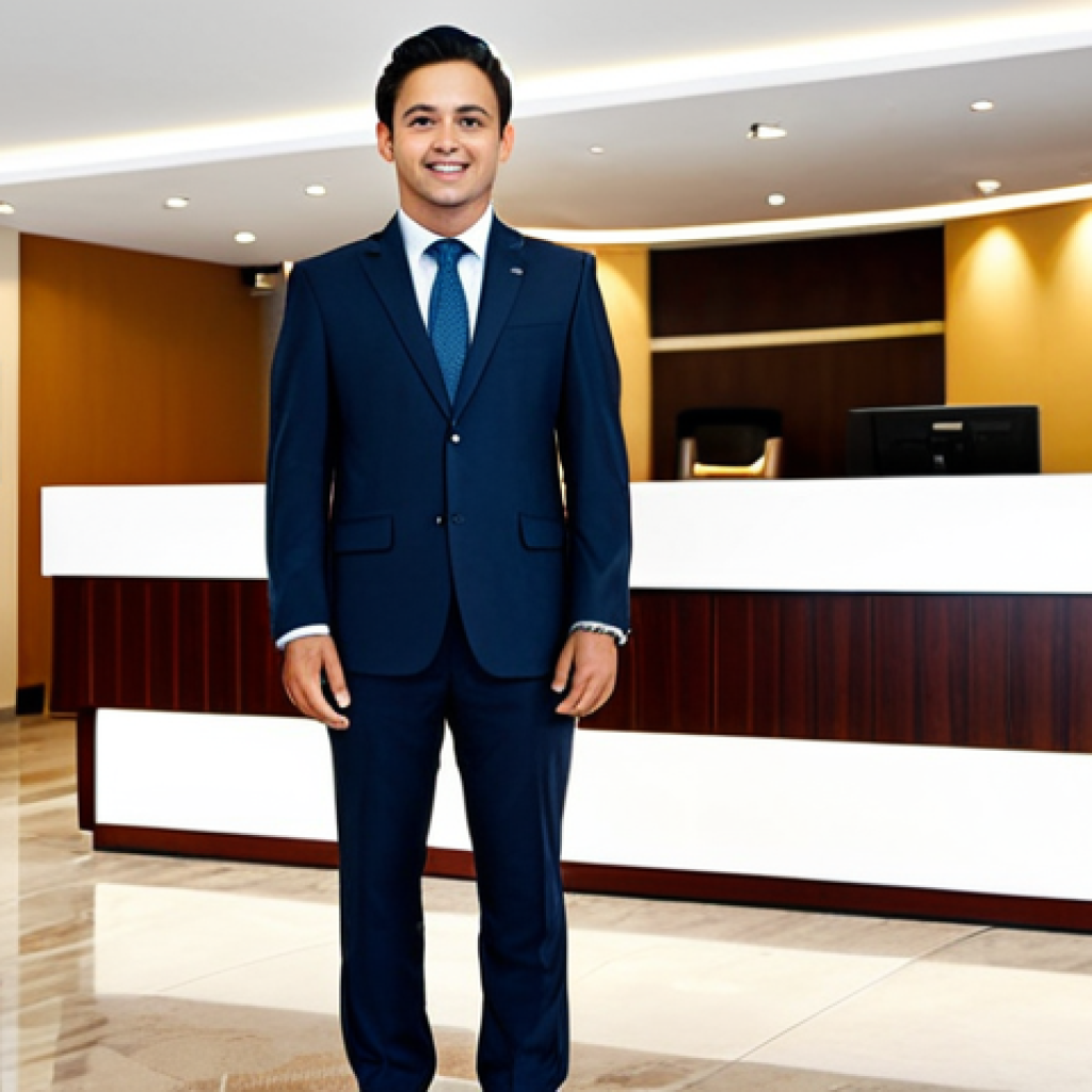 호텔관리사 시험 준비 가이드북 소개 - ** A professional hotel manager in a modest business suit, standing in a modern hotel lobby. The bac...