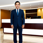 호텔관리사 시험 준비 가이드북 소개 - ** A professional hotel manager in a modest business suit, standing in a modern hotel lobby. The bac...