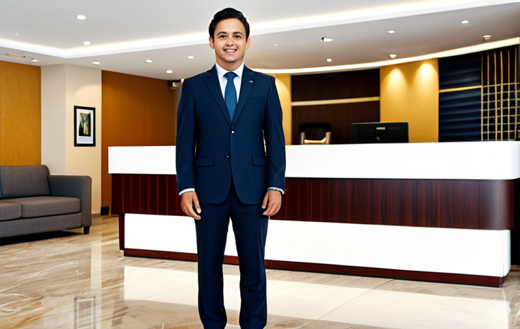 호텔관리사 시험 준비 가이드북 소개 - ** A professional hotel manager in a modest business suit, standing in a modern hotel lobby. The bac...