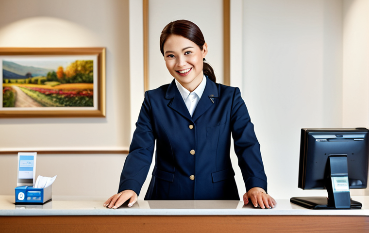 호텔관리사 시험 준비 가이드북 소개 - ** A professional hotel manager in a modest business suit, standing in a modern hotel lobby. The bac...