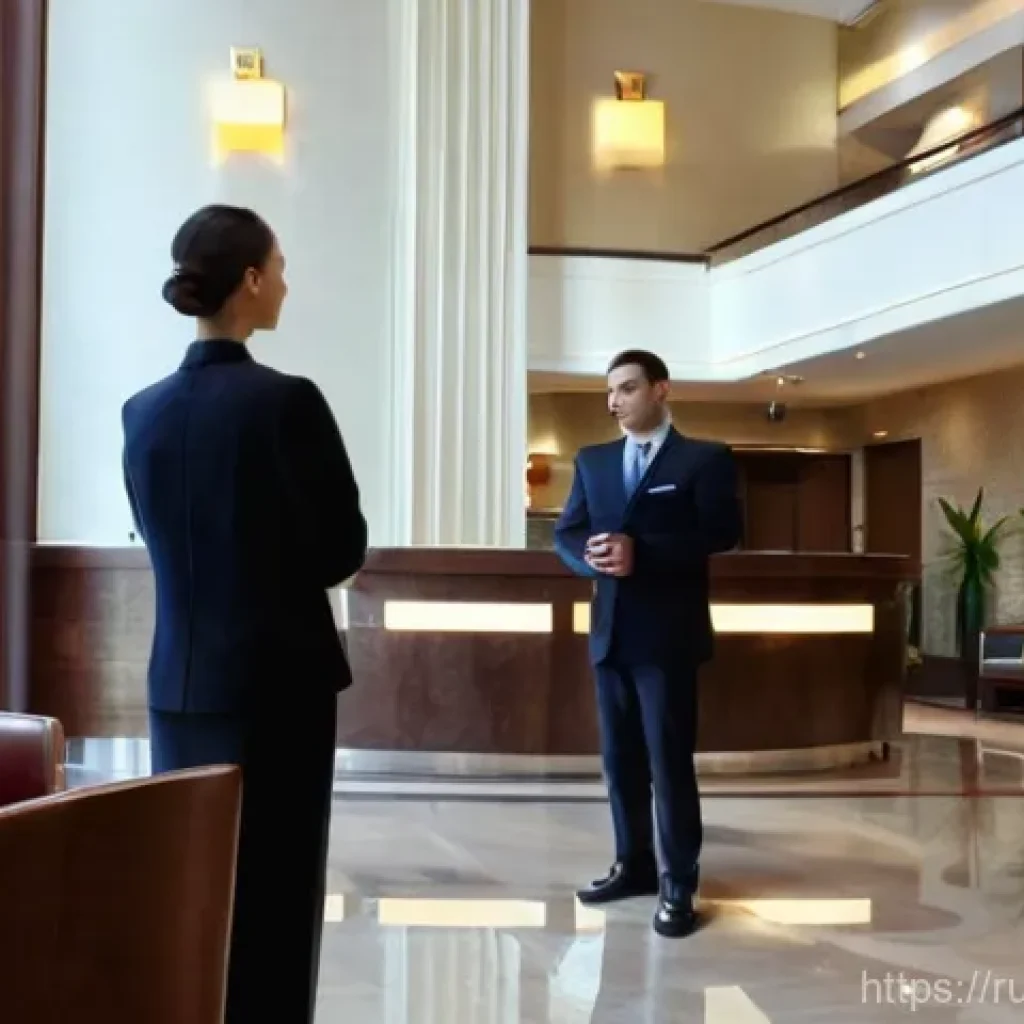 호텔 취업 과정에서 필요한 자격증 - **Prompt:** "A bustling and elegant hotel lobby in a modern Russian city, perhaps resembling a high-...