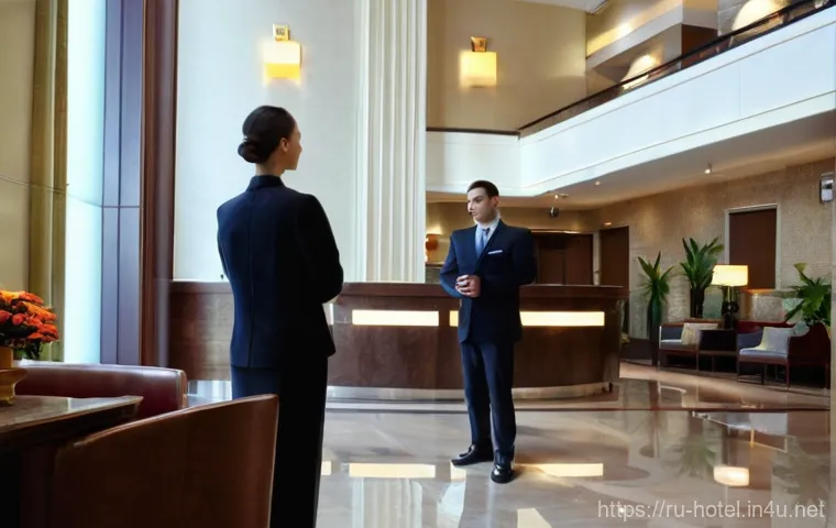 호텔 취업 과정에서 필요한 자격증 - **Prompt:** "A bustling and elegant hotel lobby in a modern Russian city, perhaps resembling a high-...