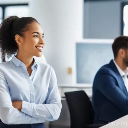 Home 25 호텔 업계에서의 경력 전환 성공 사례 - A vibrant, modern office environment. A diverse group of young to middle-aged professionals (men and...