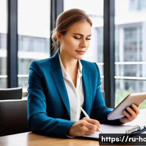 Home 24 호텔 연봉 협상에서의 협상 기술 - A professional female hotel manager in her early 30s, dressed in a sleek, modern business suit, is m...