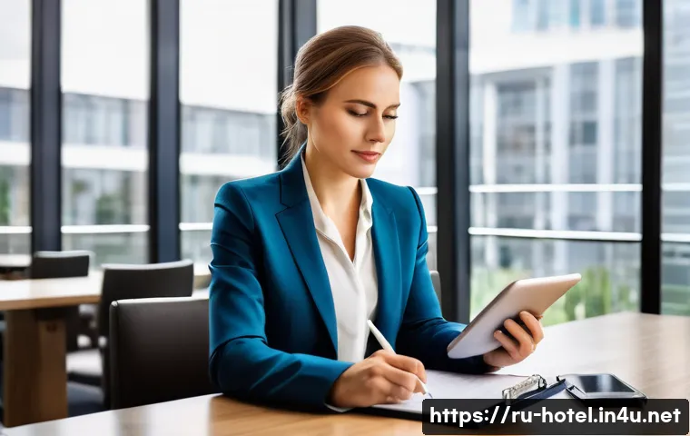 호텔 연봉 협상에서의 협상 기술 - A professional female hotel manager in her early 30s, dressed in a sleek, modern business suit, is m...