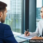 Home 16 호텔 연봉 협상 실패 사례와 대처법 - A professional Russian hotel employee in smart business attire, confidently sitting at a negotiation...