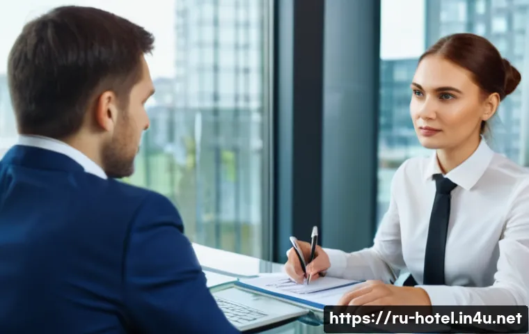 호텔 연봉 협상 실패 사례와 대처법 - A professional Russian hotel employee in smart business attire, confidently sitting at a negotiation...