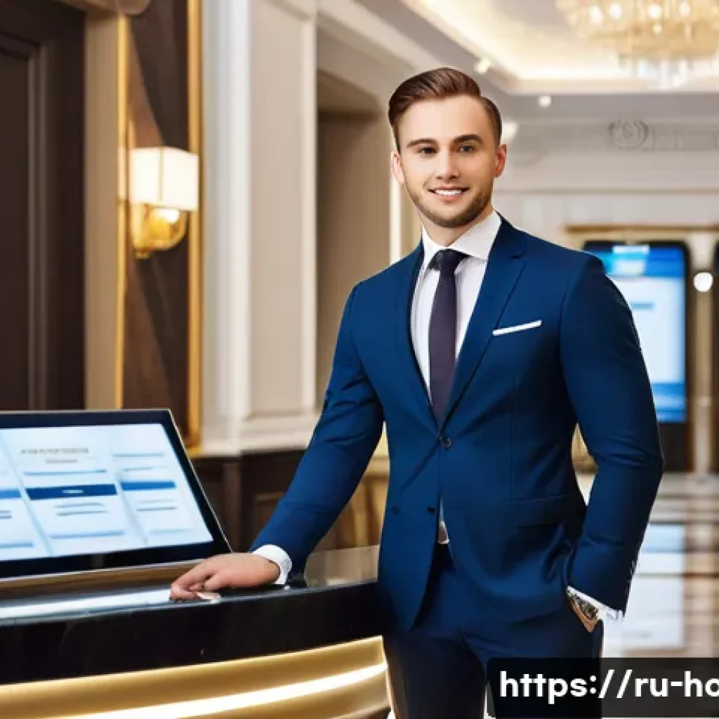 호텔관리사 자격증과 관련된 법적 사항 - A professional hotel manager in a modern Russian hotel lobby, dressed in formal business attire with...