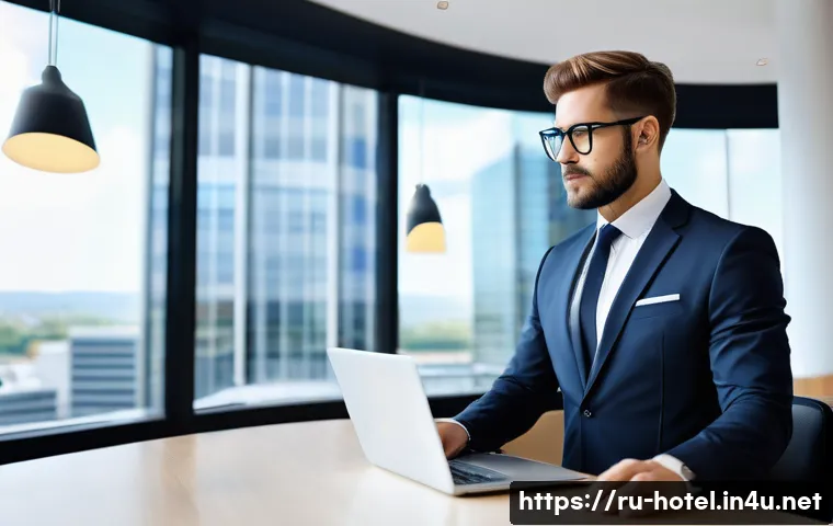 호텔관리사 시험 최신 동향 - A modern hotel manager in a stylish office setting, using multiple digital devices including a lapto...