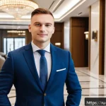 호텔관리사 연봉 비교 - A professional hotel manager standing confidently in a modern luxury five-star hotel lobby in Moscow...