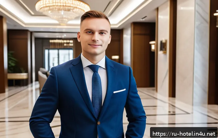 호텔관리사 연봉 비교 - A professional hotel manager standing confidently in a modern luxury five-star hotel lobby in Moscow...