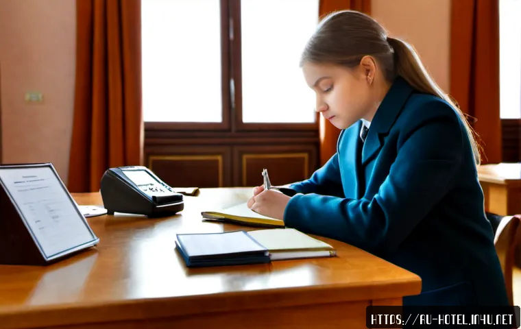 Home 17 호텔 필기 시험 관련 학습자료 제공 - Photorealistic hotel management exam study scene in a quiet Russian university library, focused youn...