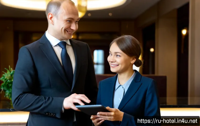 Home 17 호텔 서비스 품질 관리 방법 - Photorealistic upscale Russian hotel lobby, a professional hotel manager in a neat dark suit reviewi...