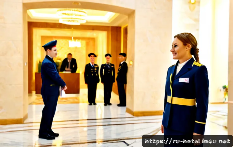 Home 17 호텔 현장 관리자의 성공 사례 - Photorealistic success story scene in a modern upscale hotel lobby in Moscow, confident middle-aged ...