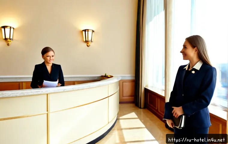 호텔관리사 취업 성공 사례 - Photorealistic successful hotel manager job candidate in a polished Moscow hotel lobby, confident Ru...